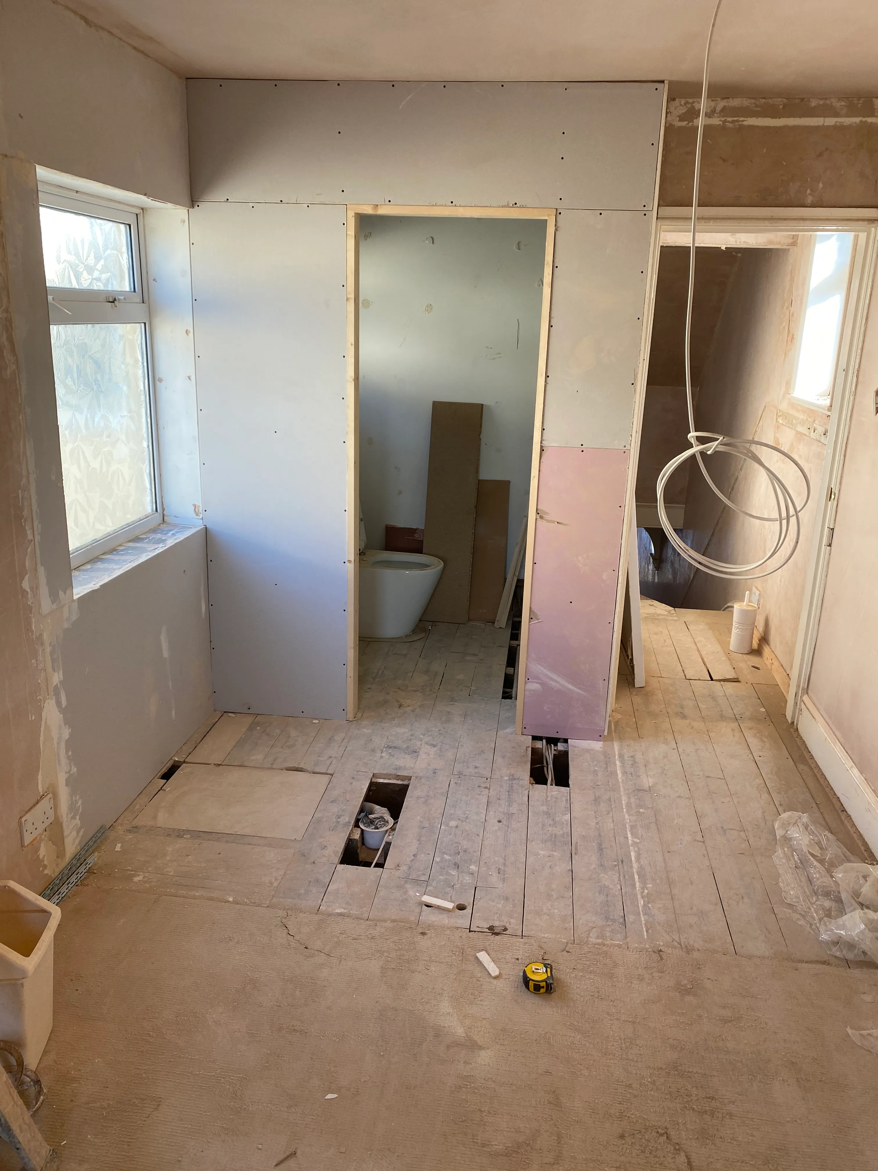 HMO conversion bathroom area during partitioning and first fix